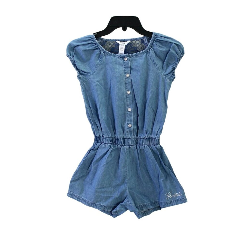 GUESS kids Embroidered Lace Back Chambray Elastic Waist Short Romper Size 6 kids